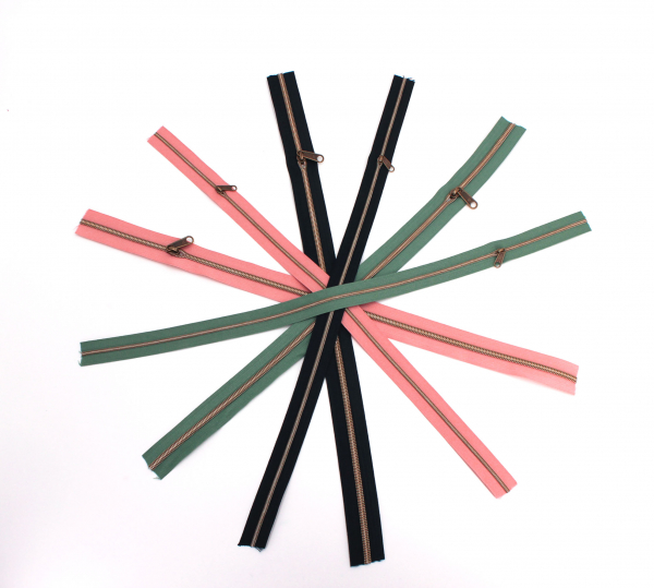 Endlosreißverschluss- Set metallisiert nachtblau, dusty rose, dusty emerald/messing-antik (6 x 50 cm)